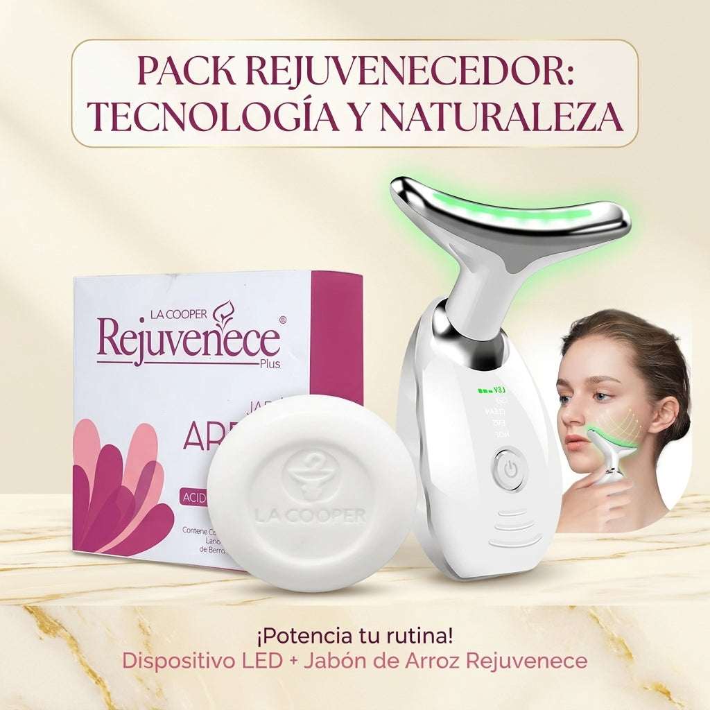 Masajeador facial 7 en 1 Lúmina, con luz LED verde activada, siendo usado en el rostro